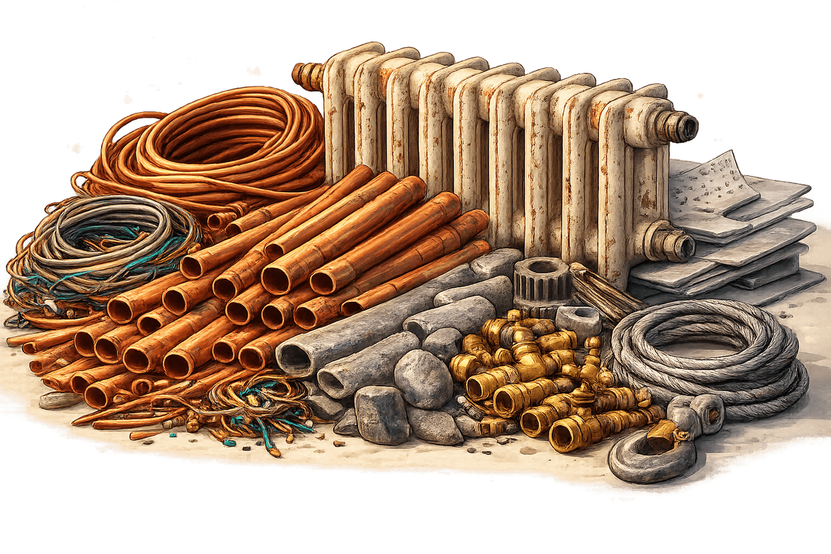 Scrap metal including copper pipes, radiators, steel and brass fittings