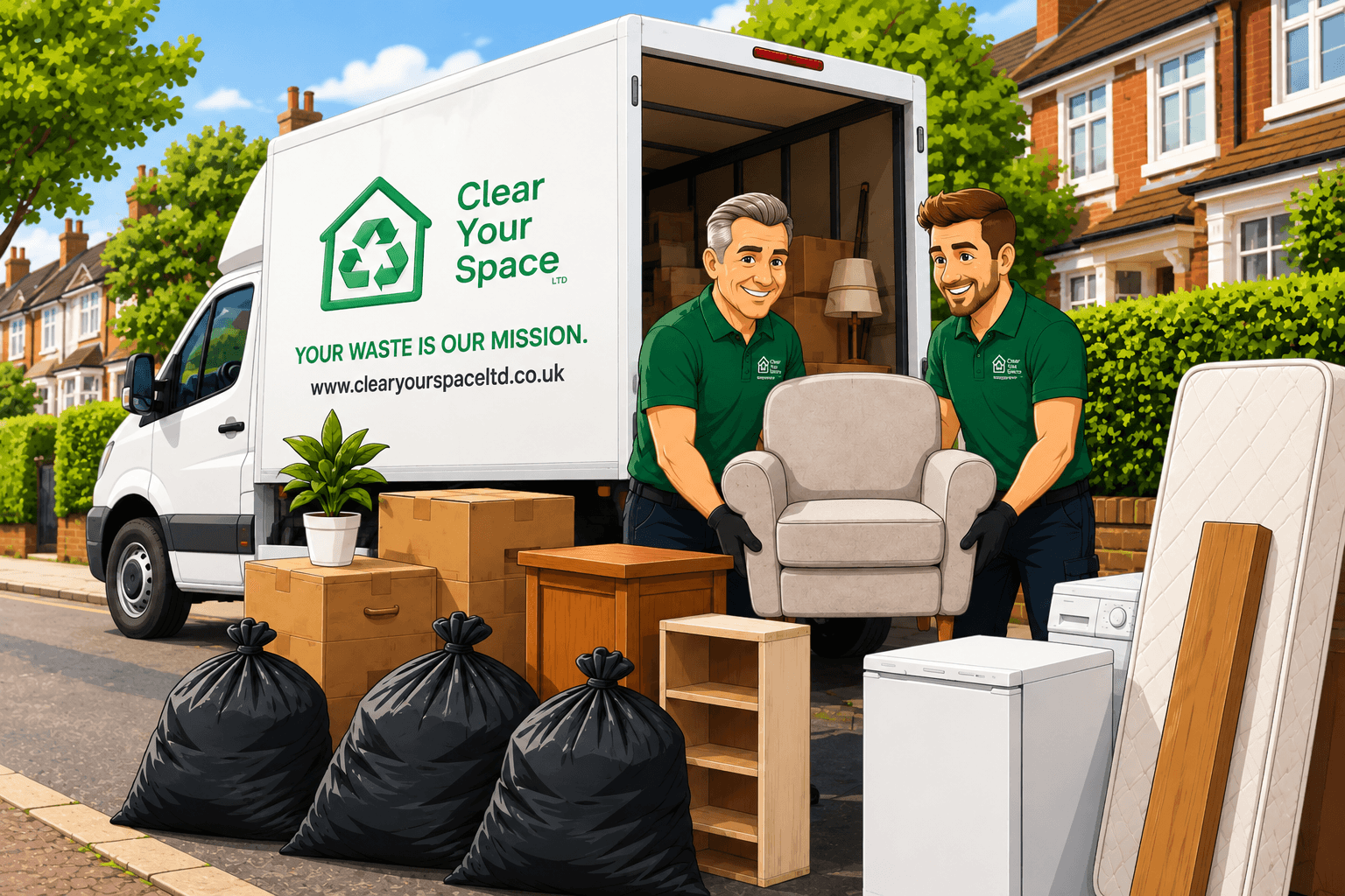 Clear Your Space waste clearance crew with branded van